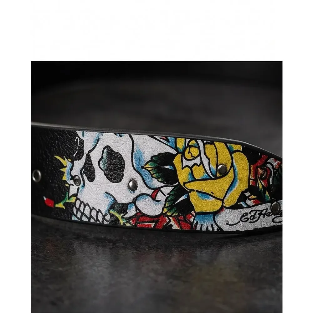 Ed Hardy Skulls & Roses Printed Black Belt With Rivet Studs Mens Size 40